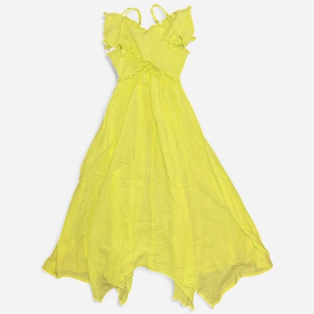 Anthropologie Smocked Gauze Criss Cross Asymmetrical Midi Dress in Lime Green